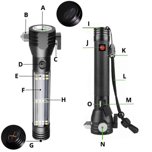 (Black) Solar Power LED Flashlight 10 in1 Multi-functional Safety Hammer Torch Light 2