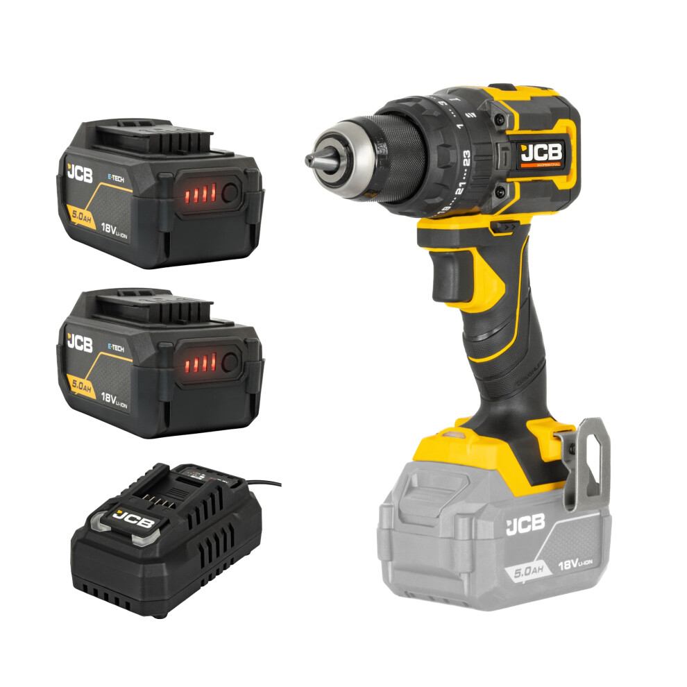 Jcb Pro Cordless Combi Drill Set 5Ah Batteries & Charger Electric Screwdriver 75Nm, Brushless, 2-Speed, 23+3 Positions & 13Mm Rohm Keyless Chuck Size 2