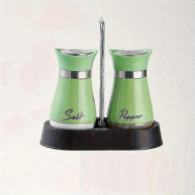 (1 Stand - 2 Bottles, Green) Elegant Glass Salt & Pepper Shakers Set with Holder - Durable for RV Camping BBQ, Modern Kitchen Decor