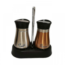 (1 Stand - 2 Bottles, Gold-silver) Elegant Glass Salt & Pepper Shakers Set with Holder - Durable for RV Camping BBQ, Modern Kitchen Decor