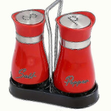 (1 Stand - 2 Bottles, Red) Elegant Glass Salt & Pepper Shakers Set with Holder - Durable for RV Camping BBQ, Modern Kitchen Decor