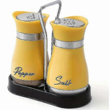 (1 Stand - 2 Bottles, Yellow) Elegant Glass Salt & Pepper Shakers Set with Holder - Durable for RV Camping BBQ, Modern Kitchen Decor