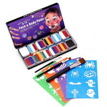 (B) 12 Color Face Paint Kit for Kid with Rainbow Paint Brush Template DIY Craft