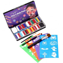 (A) 12 Color Face Paint Kit for Kid with Rainbow Paint Brush Template DIY Craft