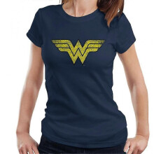 (Large, Navy Blue) Wonder Woman Faded Yellow Logo Women's T-Shirt