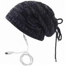(Black) Usb Winter Beanie Daily Hat Knitted Slouchy Warm Super Soft Headwear Hat For Running Skiing Cycling