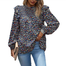 (M, Royal Blue) Long Sleeve Blouses for Womens Mock Neck Ruffle Floral Print Work Casual Loose Tunics Tops Summer Pullover Tops Royal Blue XL