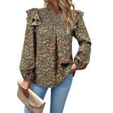 (L, Green) Long Sleeve Blouses for Womens Mock Neck Ruffle Floral Print Work Casual Loose Tunics Tops Summer Pullover Tops Royal Blue XL