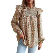(XL, apricot) Long Sleeve Blouses for Womens Mock Neck Ruffle Floral Print Work Casual Loose Tunics Tops Summer Pullover Tops Royal Blue XL