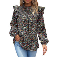 (M, Black) Long Sleeve Blouses for Womens Mock Neck Ruffle Floral Print Work Casual Loose Tunics Tops Summer Pullover Tops Royal Blue XL