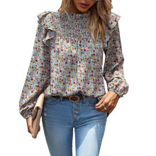 (M, Blue) Long Sleeve Blouses for Womens Mock Neck Ruffle Floral Print Work Casual Loose Tunics Tops Summer Pullover Tops Royal Blue XL
