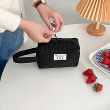 (Black) Portable Women Cosmetic Bag Wrist Pencil Case Cotton Fabric Makeup Bag Comestics Organizer Storage Bag Travel Toiletry Bag Pouch