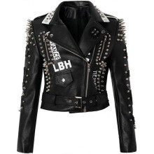 (L)Women's synthetic leather jacket, punk rock, graffiti, rivets, motorcycle short leather jacket