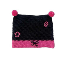 (Black rose red doubl) Knitted Kitten Hat 2000s Girls Photo Props New Year Thick Headgear Adults Kids Star Kitten Ears Y2K Photo Props