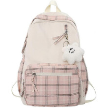(Pink) Kawaii Backpack with Pendant Cute Backpack Plaid Aesthetic Backpack School Bags for Girls Teens Back to School Backpacks