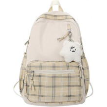 (Khaki) Kawaii Backpack with Pendant Cute Backpack Plaid Aesthetic Backpack School Bags for Girls Teens Back to School Backpacks