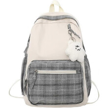 (Grey) Kawaii Backpack with Pendant Cute Backpack Plaid Aesthetic Backpack School Bags for Girls Teens Back to School Backpacks