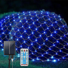 (Blue) Solar Net Mesh Lights 3M*2M 200LEDs with Remote Fence String Light IP65 Outdoor Waterproof/8 Modes/T