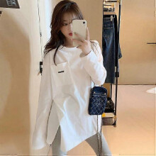 (Order From 500 Pieces,White)Spring And Autumn Large Size 26 Pure Cotton Mid-Length Base Shirt Loose Thin Base Pocket Long Sleeve T-Shirt Women's Top
