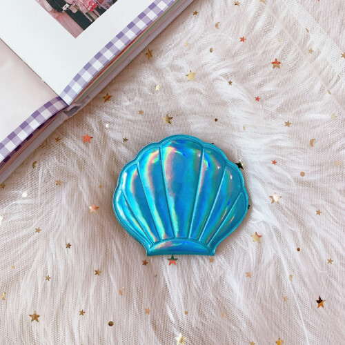 Folding Doppelseitiger Shell Spiegel Pu Tragbarer Hologramm Blau 2
