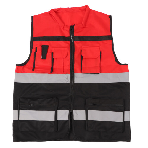 Reflective Vest Red Black Round Neck Multiple Pocket Safety Work Vest