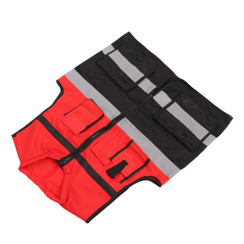 Reflective Vest Red Black Round Neck Multiple Pocket Safety Work Vest 1