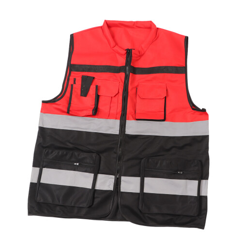 Safety Reflective Work Vest Free Size Red Black Zipper Front 1