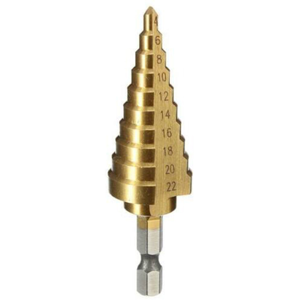 1Pc Hss Step Cone Drill Bit 4-22Mm Hex Shank Titanium 323163162546