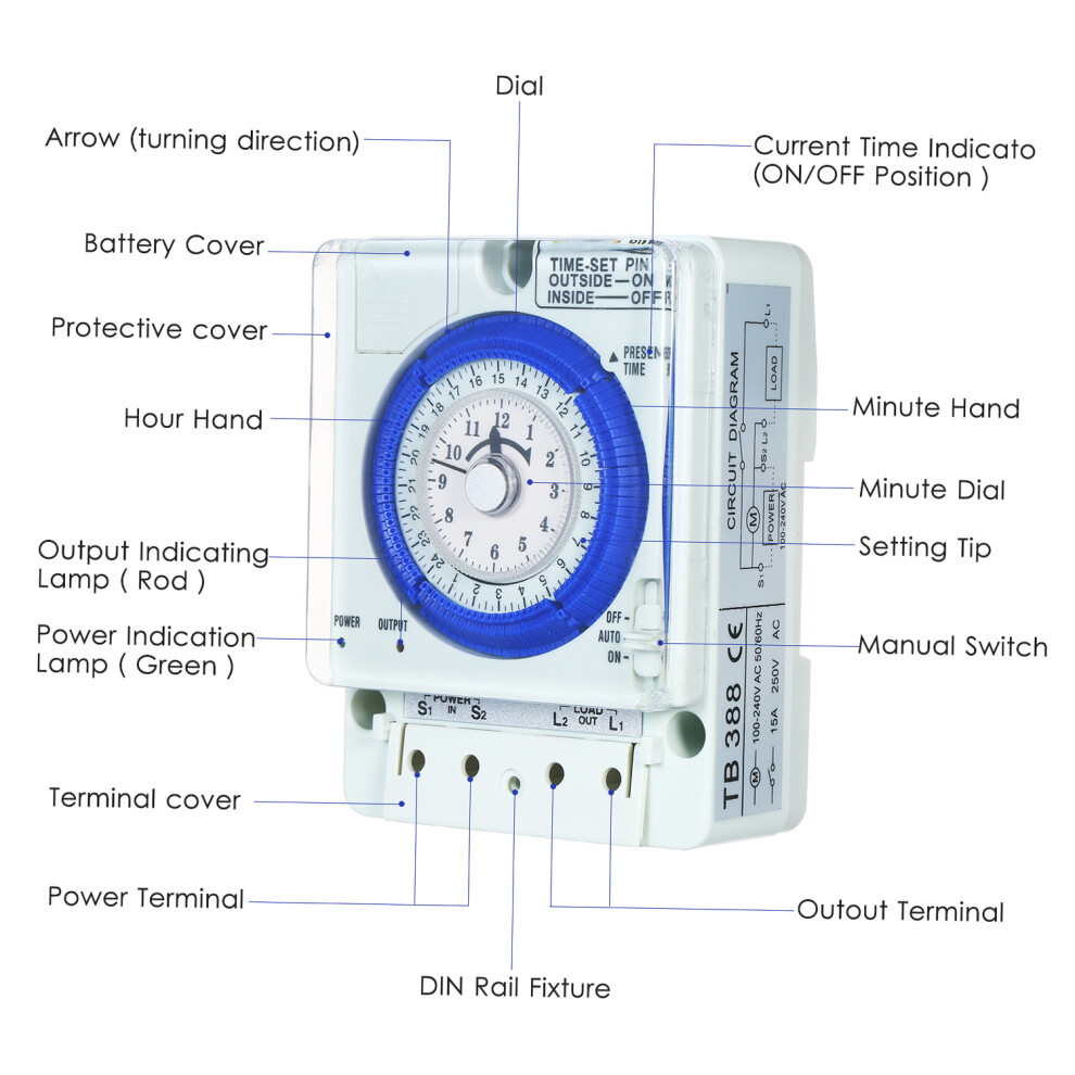 24H Mechanical Timer 15Min 100-240V 15A Din Rail For Lights Led Cfl 323163173054