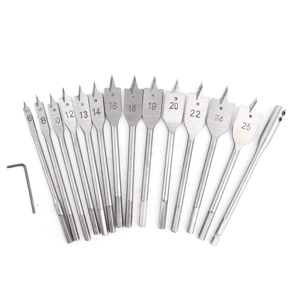 15Pcs Carbon Steel Hex Shank Spade Wood Drill Bit Set 6-25Mm 323163248271