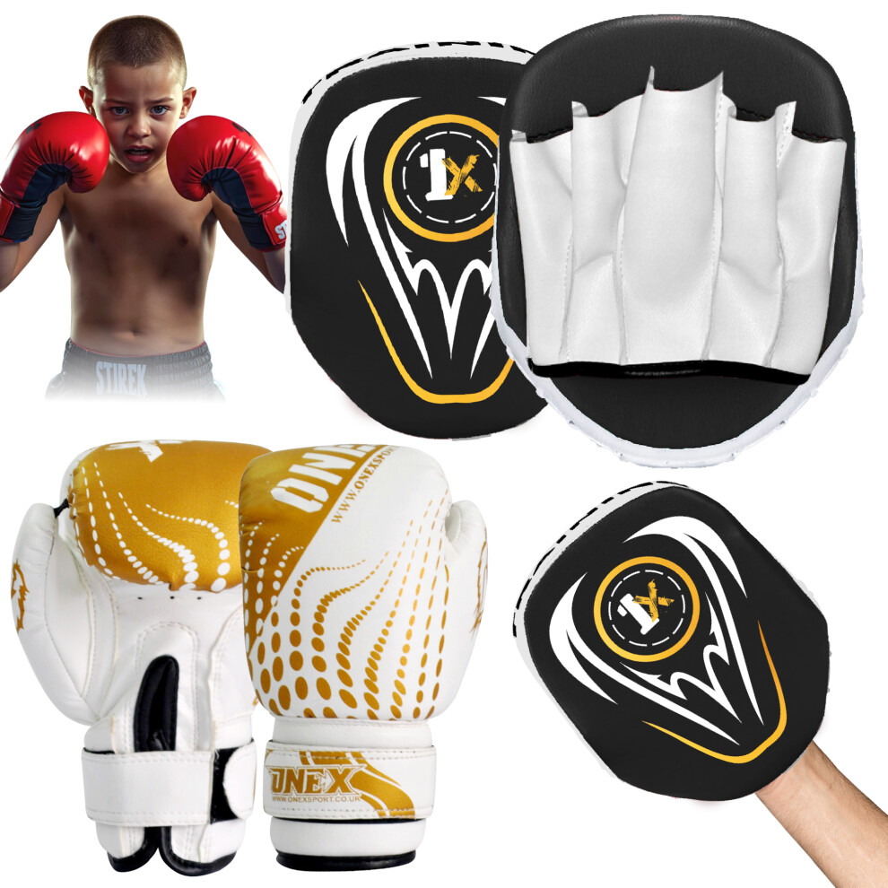 Onex (Blk/ Set) Focus Pad Boxing Set 6Oz Punching Sparring Gloves Gold