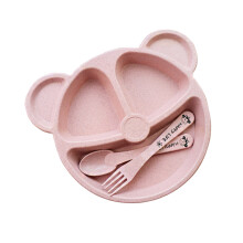 3Stk Set Weizenstroh Essplatte Bärenform Mit Besteck Für Kinder Pink