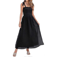 (L) Women's Summer Bohemian Spaghetti Strap Swiss Dot Sleeveless Smocked A Line Flowy Maxi Dress