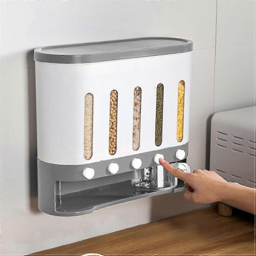 Wall Mounted Cereal Dispenser - Dry Cereal Storage Container with Cup (White Gray)