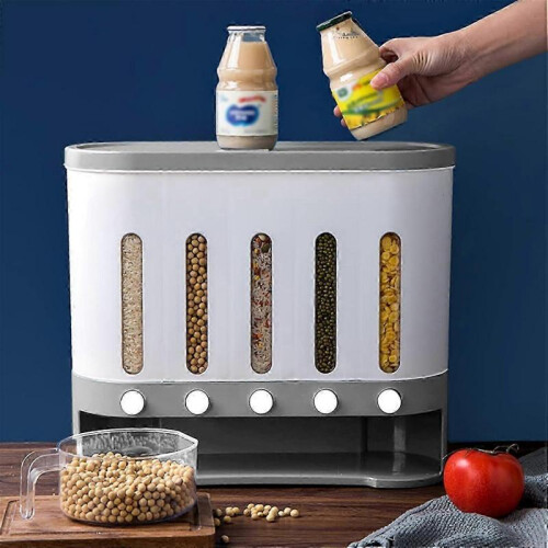 Wall Mounted Cereal Dispenser - Dry Cereal Storage Container with Cup (White Gray) 2