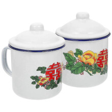 Set of 2 Smooth Enamel Teacups in Chinese Style for Vintage Dining Table Beverages