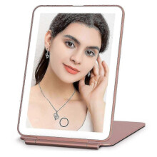 (Pink) Portable Rechargeable Lighted Makeup Mirror - Foldable LED Travel Compact Design