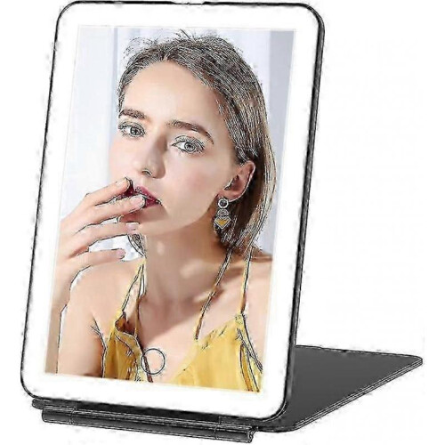 (Black) Portable Rechargeable Lighted Makeup Mirror - Foldable LED Travel Compact Design