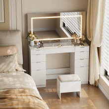 Modern LED Illuminated Mirror Dressing Table Stool Set-Large Mirror& Storage Space, Adjustable Brightness