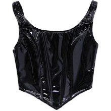 (M) PU Leathers Bustier Crop Top Punk Style Sling Tops Womens Corset Top Bra Night Club Party Black Tanks Top S