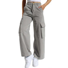 (S, Light Gray) Women Cargo Pants with Pockets Loose-Fit Straight Leg Baggy Pants Female High-Waisted Casual Trousers Streetwear White XL