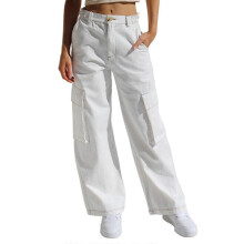 (M, White) Women Cargo Pants with Pockets Loose-Fit Straight Leg Baggy Pants Female High-Waisted Casual Trousers Streetwear White XL