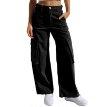 (XL, Black) Women Cargo Pants with Pockets Loose-Fit Straight Leg Baggy Pants Female High-Waisted Casual Trousers Streetwear White XL