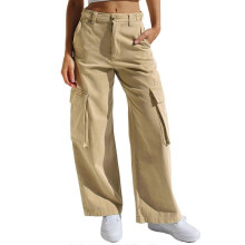 (L, Khaki) Women Cargo Pants with Pockets Loose-Fit Straight Leg Baggy Pants Female High-Waisted Casual Trousers Streetwear White XL