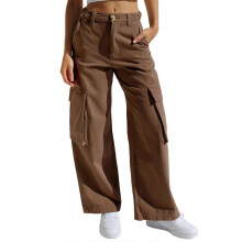 (L, Brown) Women Cargo Pants with Pockets Loose-Fit Straight Leg Baggy Pants Female High-Waisted Casual Trousers Streetwear White XL