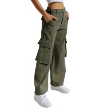 (M, Green) Women Cargo Pants with Pockets Loose-Fit Straight Leg Baggy Pants Female High-Waisted Casual Trousers Streetwear White XL