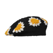 (Black) Floral Beret Granny-square Handsome Painter Hat Cabbie Hat for Spring Summer Leisure Cap Beret Cap Women Men White