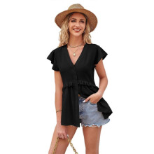 (XL, Black) Summer V-Neckline Daily Jokers Shirts Ruffle Sleeves Lotus-Loose Fit Casual Style Cloth for Women Girl Office Wearing  White XL