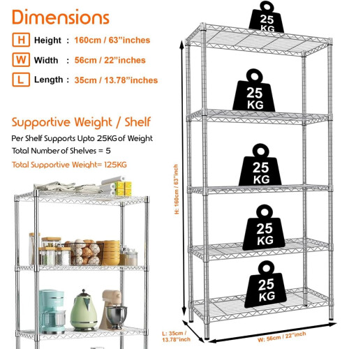 5 Tier Metal Storage Rack Silver Wire Shelf Unit 1