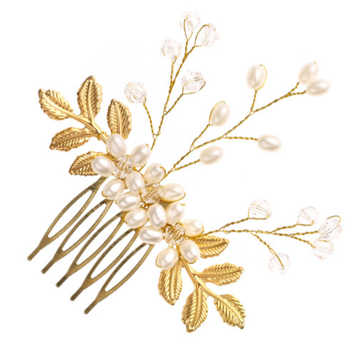 Eleganter Braut Perlen Haarkamm Gold Haarschmuck 2